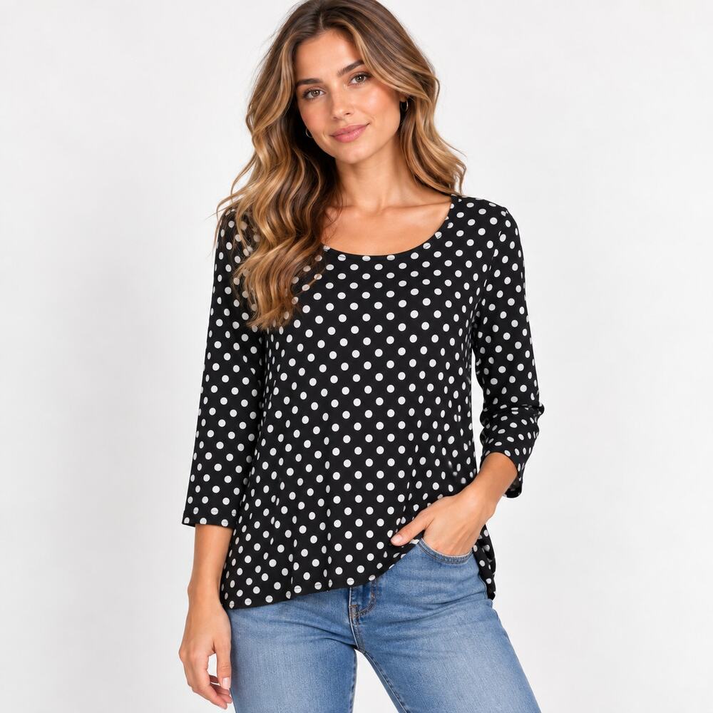 Susan Graver Liquid Knit Blouse Womens Size M Black Polka-dot Office Casual NWOT